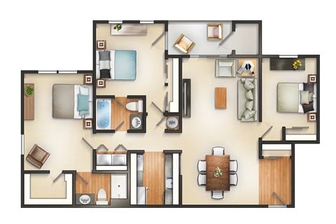 Floor plan for 3 beds, 2 baths, 1138 sqft